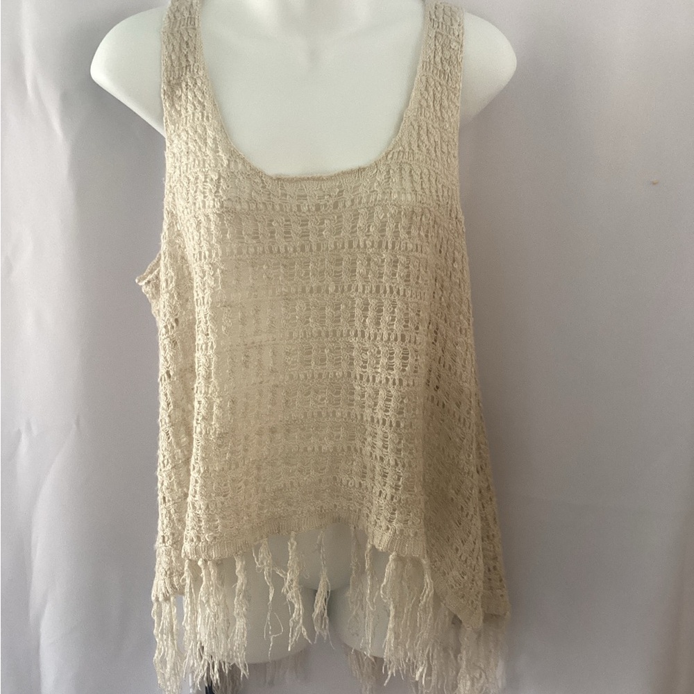 Democracy Crochet Fringe Tank Top med  Cream Open Weave Festival Hippie  Boho